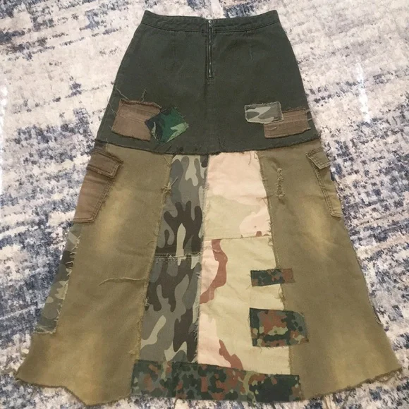 Upcycled patched BDG free people mountaineer camouflage military army camo skirt - Picture 2 of 16